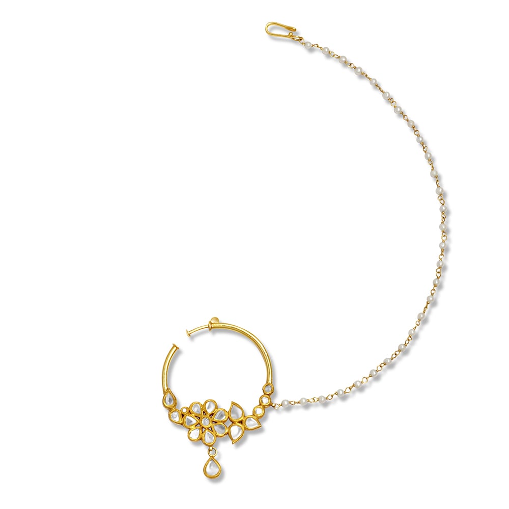 Polki Floral Nath with Gold Setting and Pearl String Support